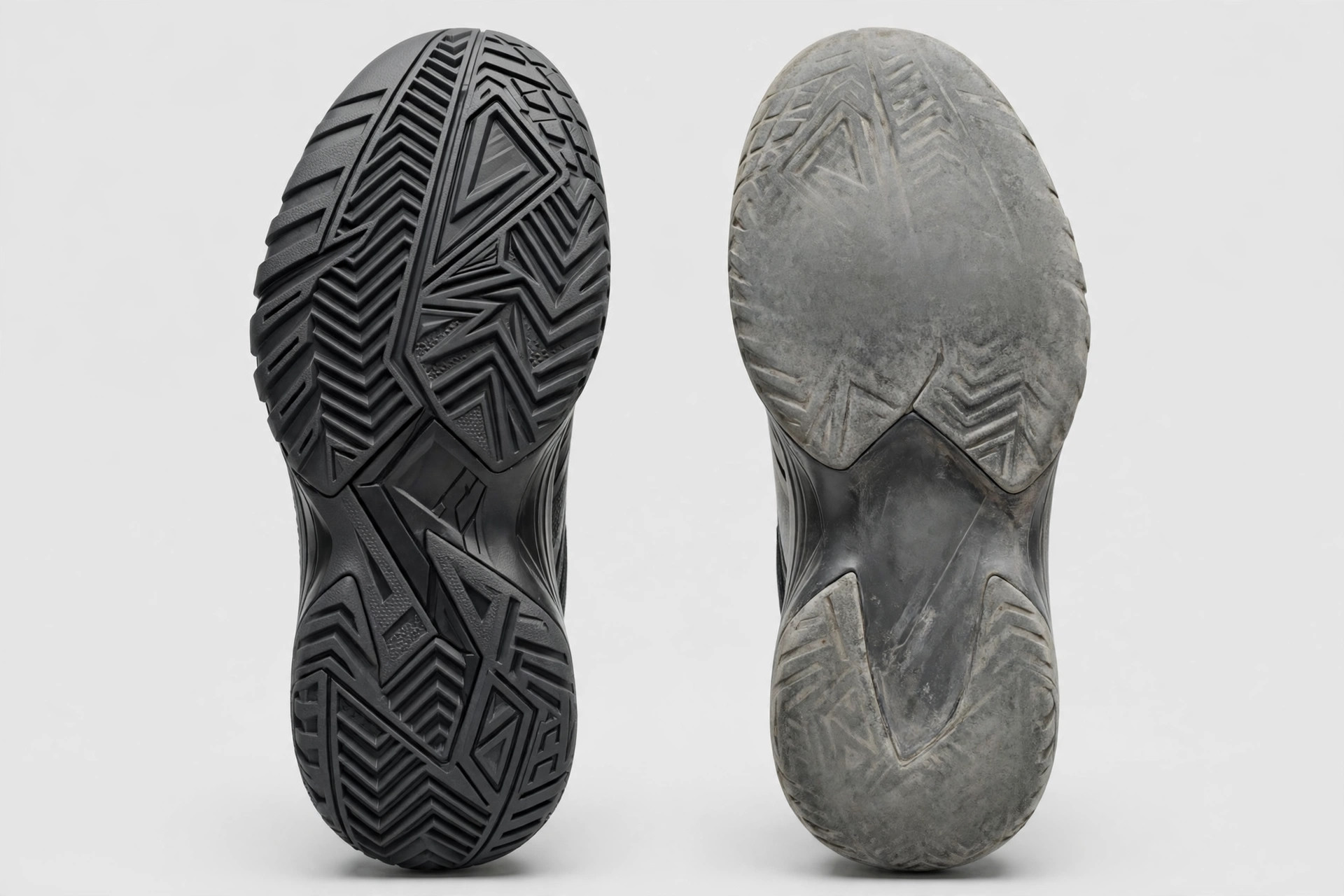 New versus worn tennis shoe outsole tread
