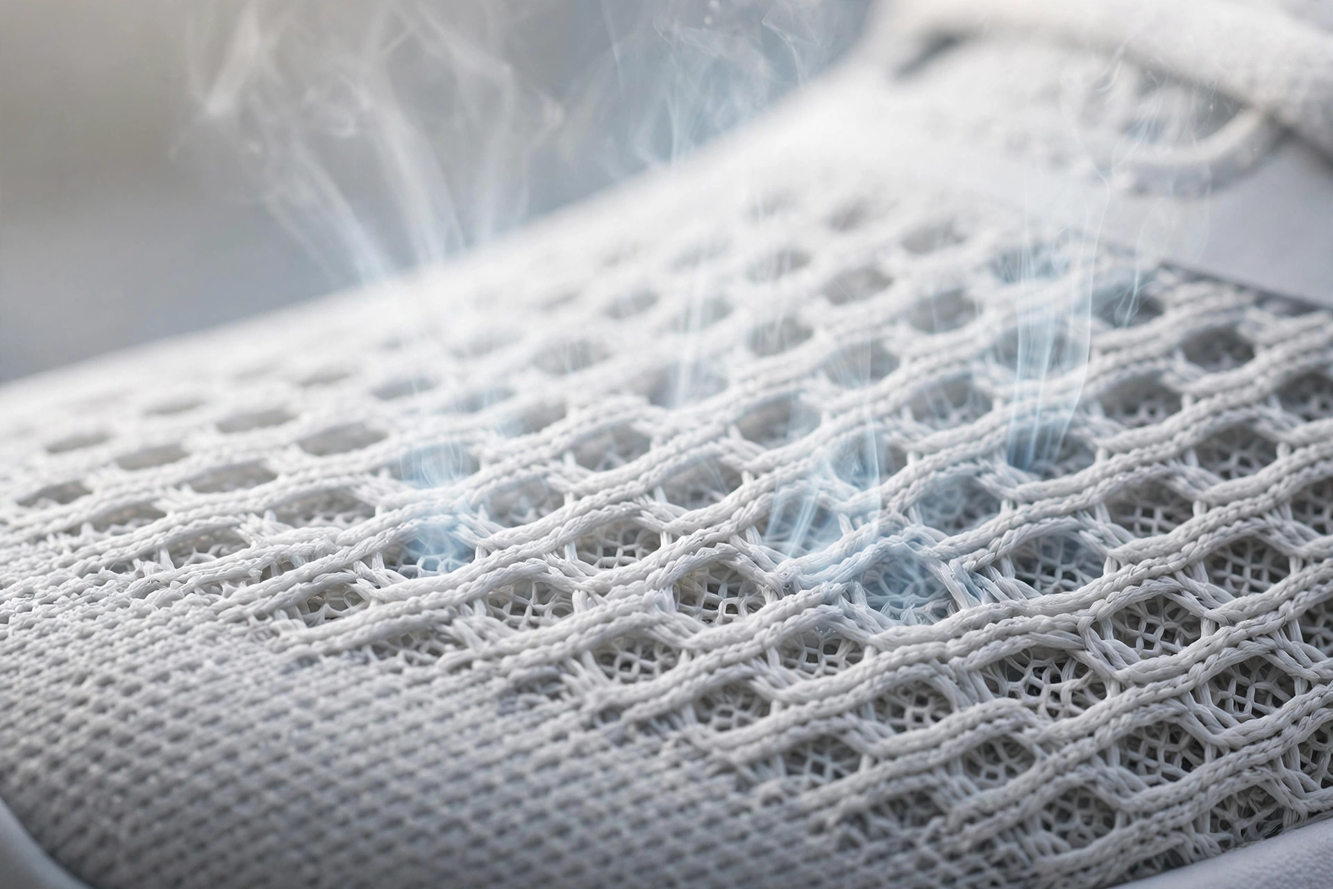 Breathable mesh tennis shoe upper close up