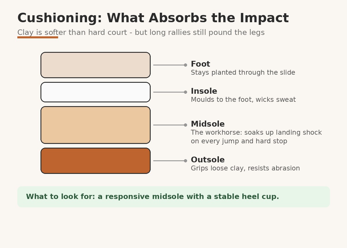 Tennis shoe durability zones diagram for clay courts