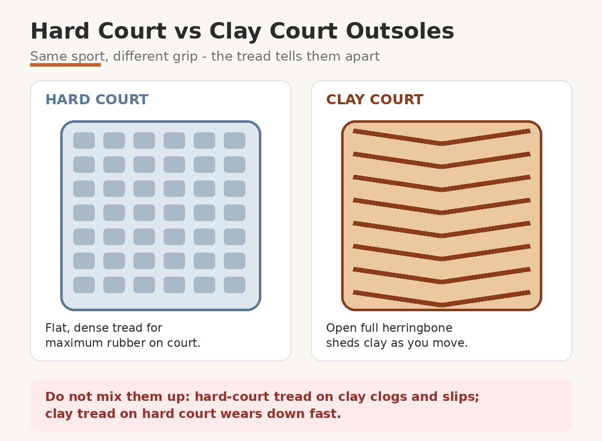 Hard court versus clay court shoe outsole comparison
