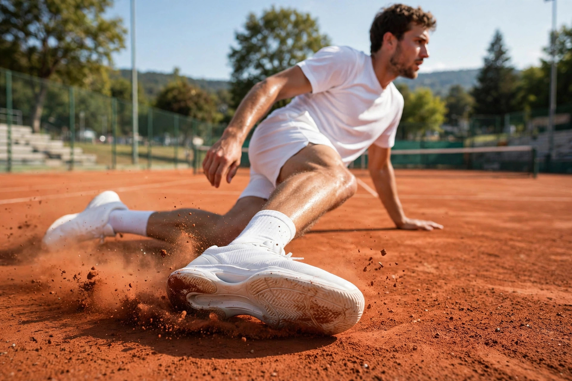 Low angle close-up of a tennis shoe on a clay court