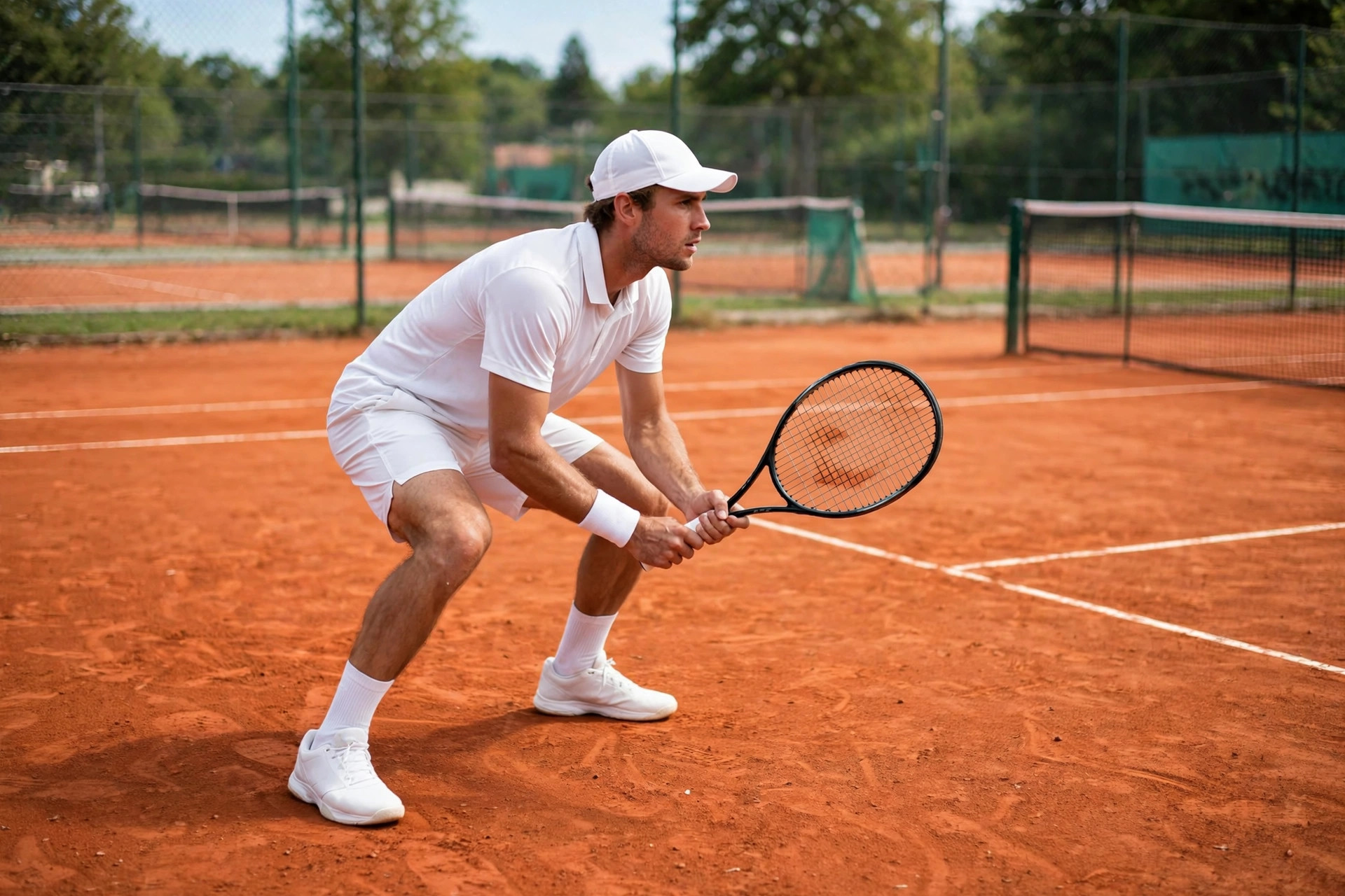 Tennis player in ready position on a clay court