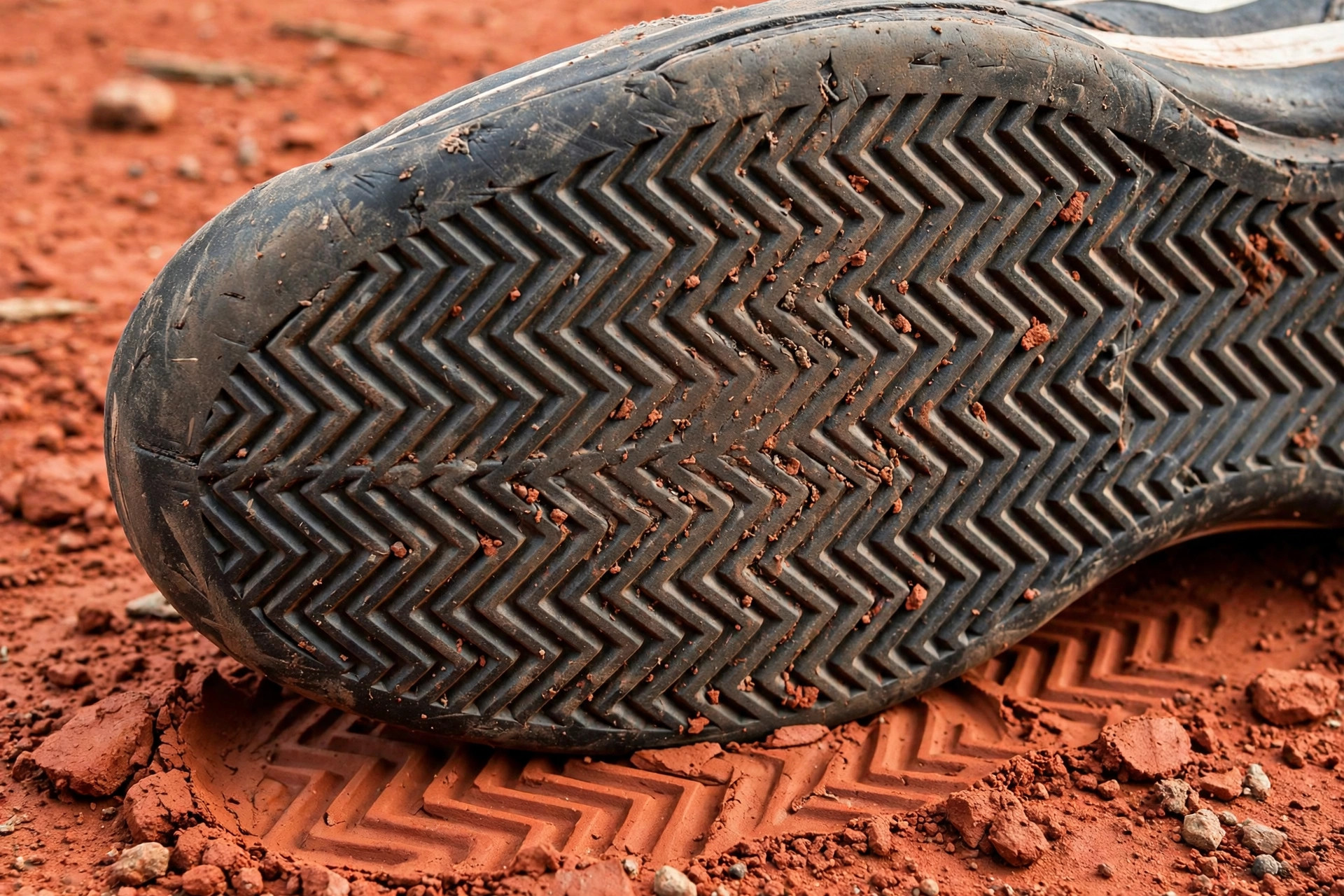 Close-up of a tennis shoe outsole tread on a clay court