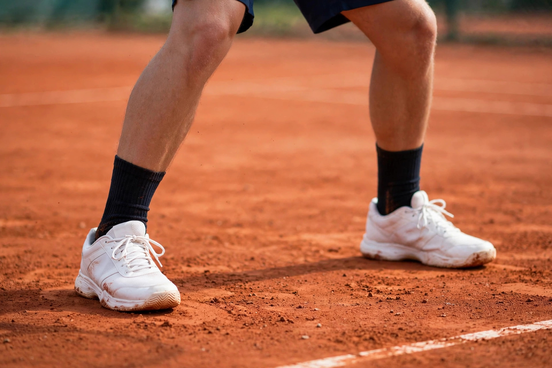 Close-up of a tennis shoe toebox on a clay court
