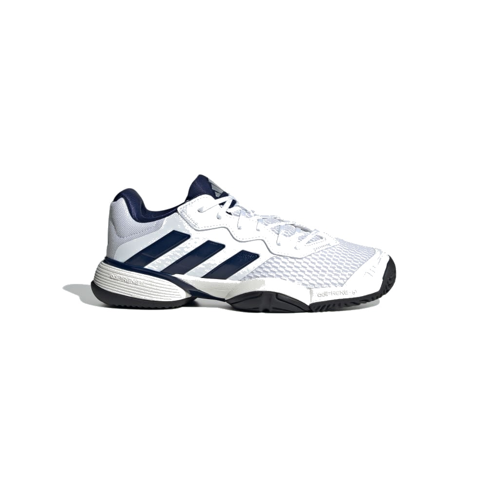 adidas Kids Barricade tennis shoe, side view on white background.
