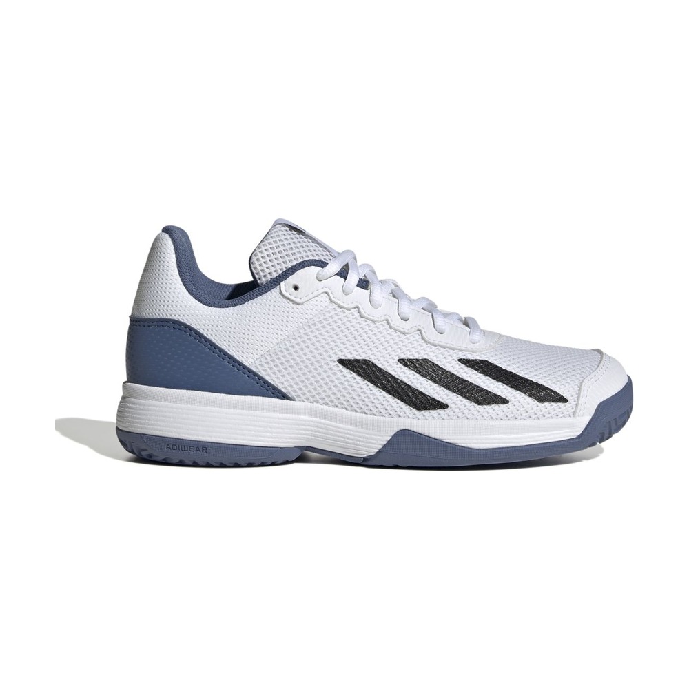 adidas Kids Courtflash tennis shoe, side view on white background.