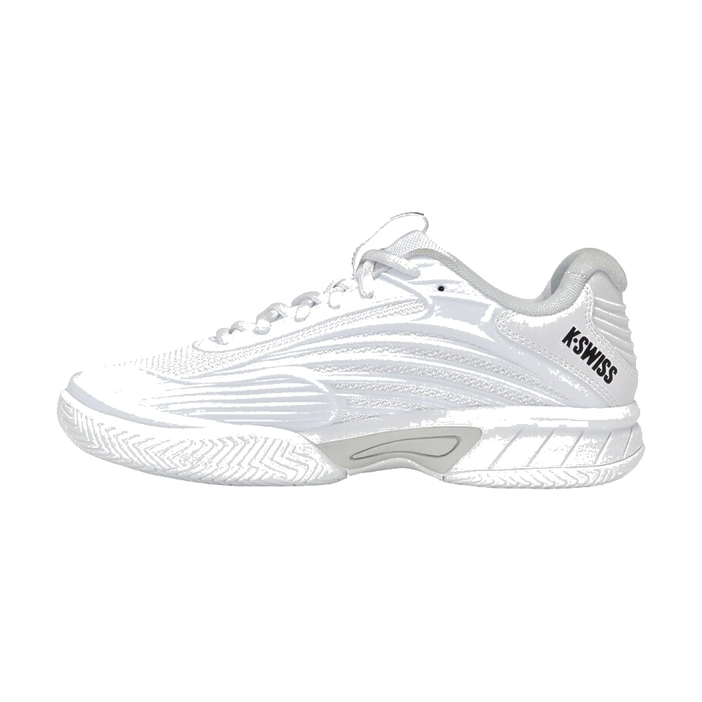 K-Swiss Kids Hypercourt Express 3 tennis shoe, side view on white background.