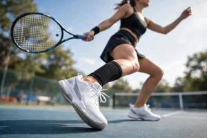 Woman playing tennis wearing white tennis shoes on hard court.