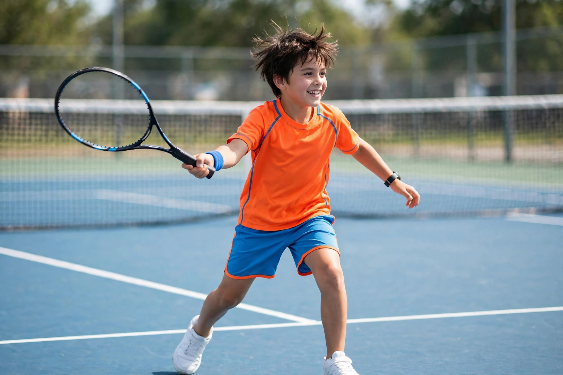 Young child playing tennis on a hard court wearing white tennis shoes.