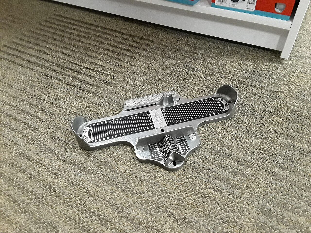 Overhead view of a Brannock device used to measure foot length and width